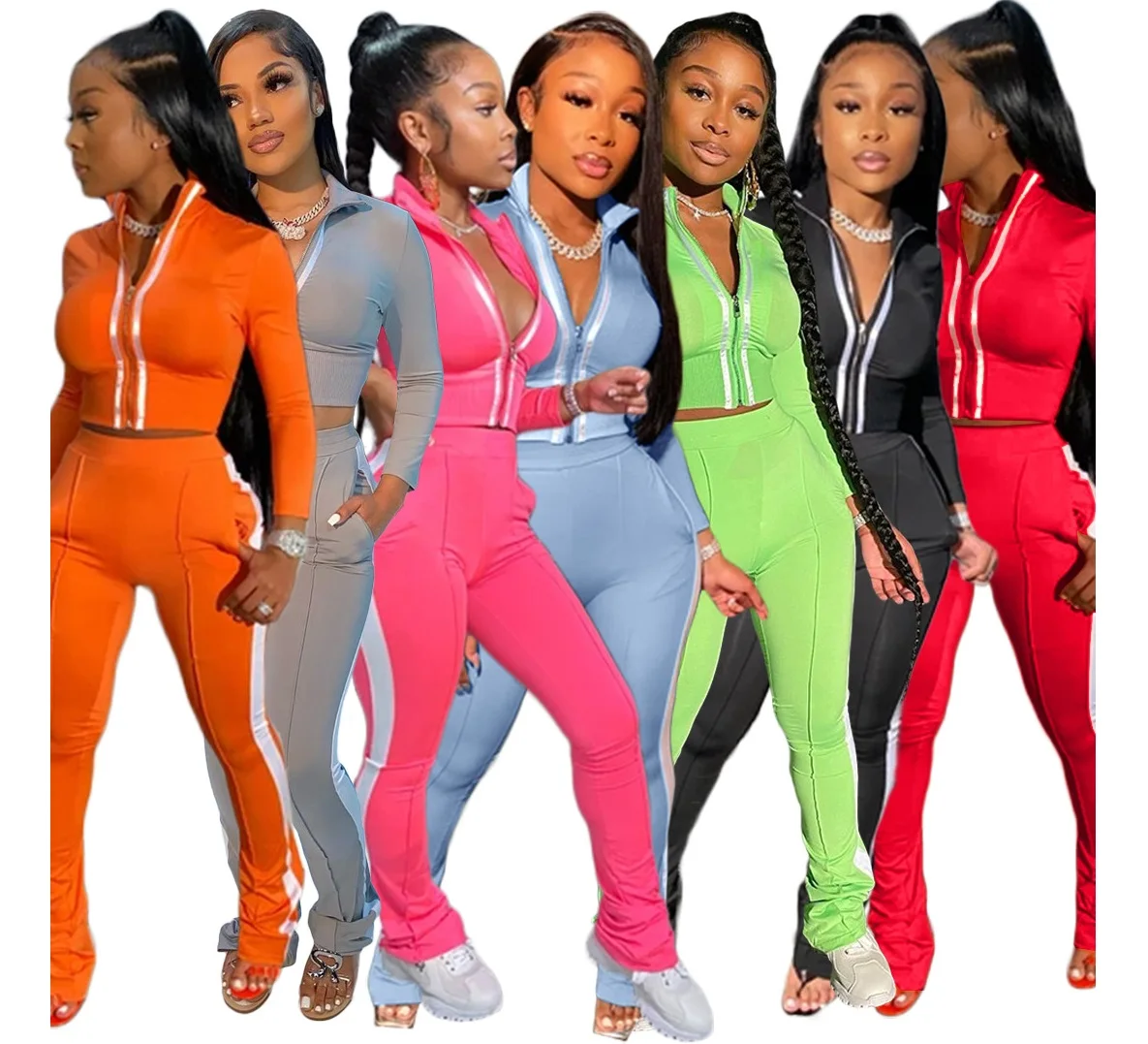 

Ladies Gym Fitness Sets Solid Color Stitching Fashion Sportwear Zippert Jacket 2 Piece Pants Outfit Women Fall 2021, Picture color
