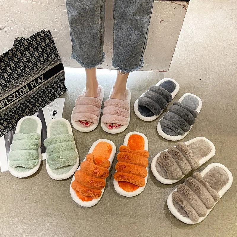 

2021 New Home Lady Slippers Candy Color Plush Open Toe Flat Ladies Indoor Warm Slippers