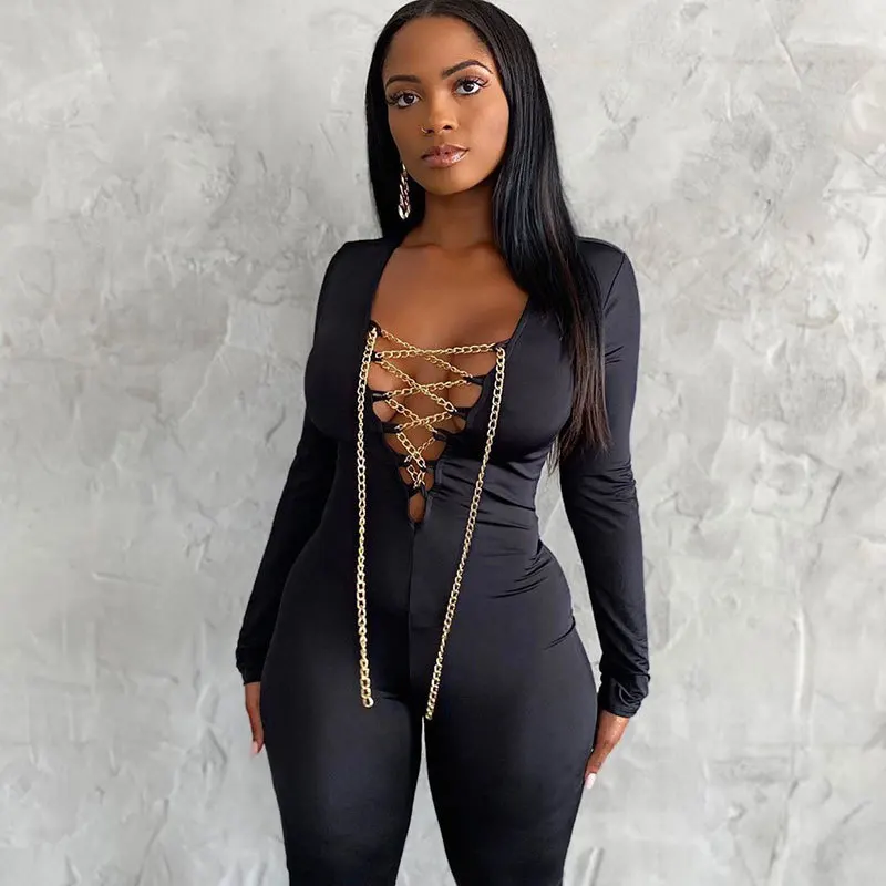 

DVACAMAN Fashion 2020 Fall New Arrivals Sexy Chain Bandage Hollow Out One Piece Bodycon Jumpsuit for Women Jumpsuits Sexy, Black