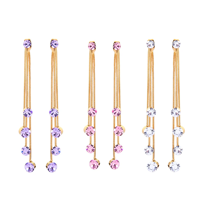 

90096 Korean Jewelry 2020 Designs Pink Purple Czech Stones Crystal Rhinestone Long Tassel Drop Earrings 14K Gold Real