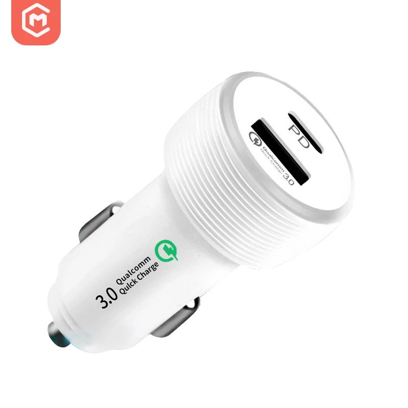 

USB-C Car Charger QC3.0 Fast Adaptive Charger PD Type C Car Charger USB C 2-Port, White / black