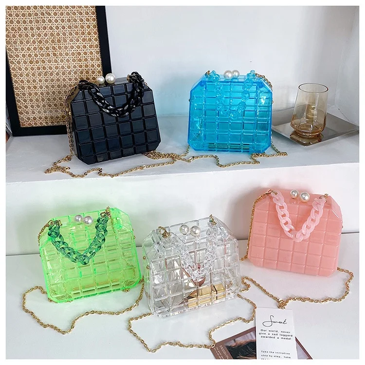 

Hot Selling Transparent Chain Portable Bag Square Acrylic Purse Cosmetic Box Evening Bag For Ladies, 5 colors