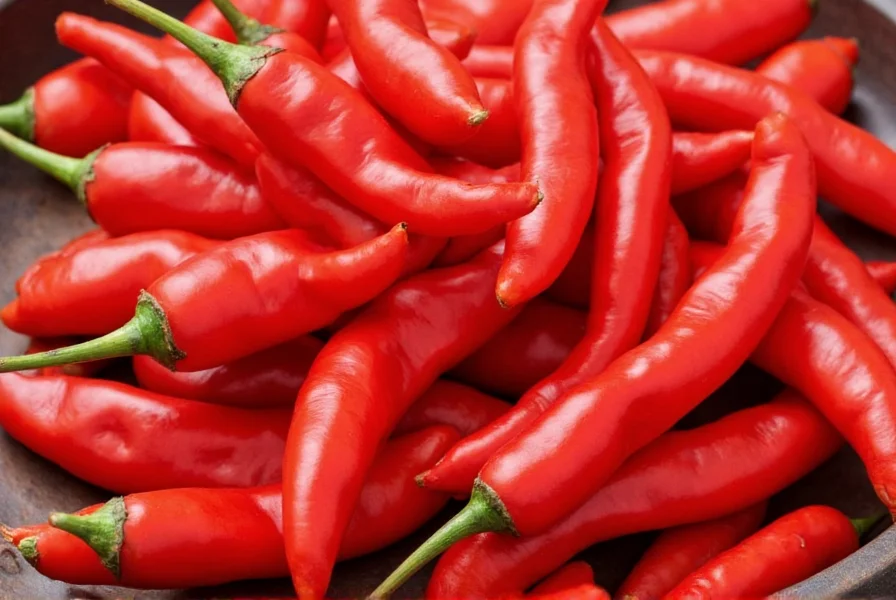 Close-up of cayenne pepper pods showing vibrant red color and texture