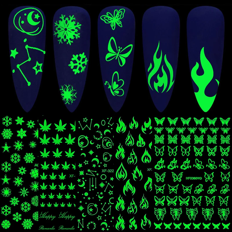

Popular Luminous effect 3d butterfly snowflake letter flame nail art sticker night Glitter holographic nail sticker, Aurora colorful