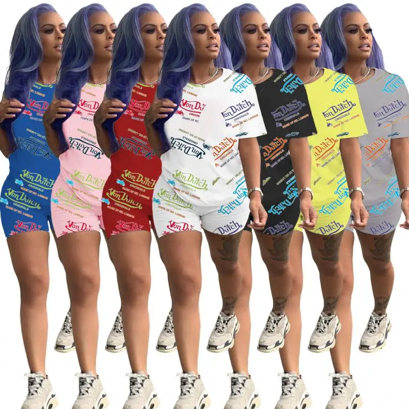 

New 2021 Outfit Short Sleeve T Shirt Graffiti Print 2 Piece Biker Shorts Set Women Sweatsuit Two Piece Sets