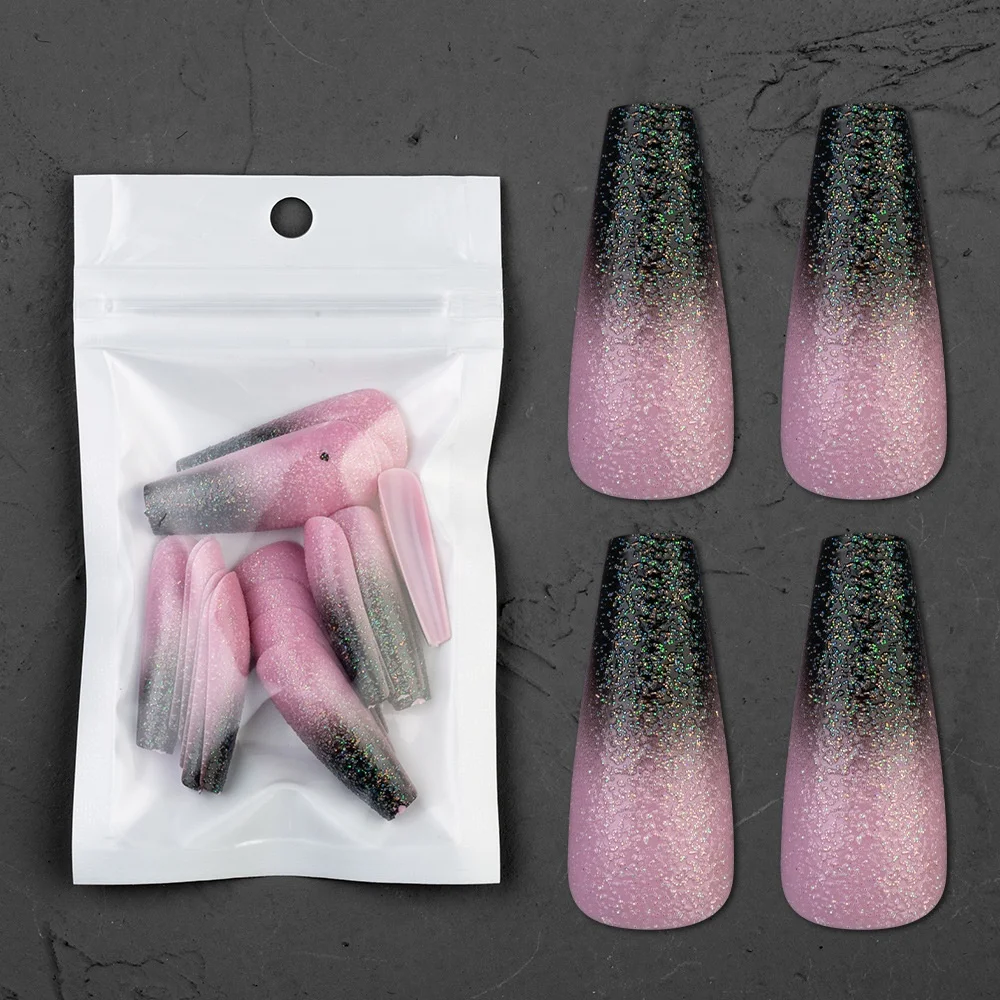 

24pcs/bag Black Gradient Glitter Ballet Nails Wearing False Nail Coffin Press on Fake Nail, Multiple colour