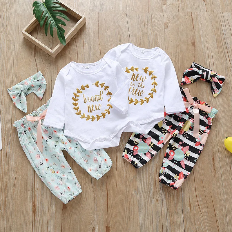 

Wholesale New Arrival European Style Letter Printed Floral Pattern Matching Pants Baby Girl Clothing Set with Headband