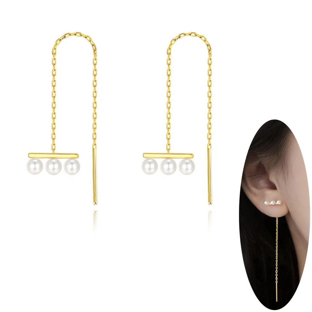 

Wholesale NEW Elegant 925 Sterling Silver Triple Pearls Threader Earrings Dangle Link Chain Tassel Earings Pearl Thread Earring