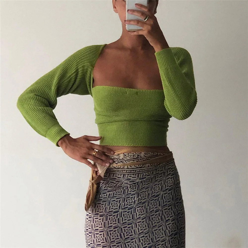 

2021 American Women's Sexy Sweater Inside Outside Wear Sweater Top Women's Long Sleeve Square Neck Navel Slim Knitted T-shirt