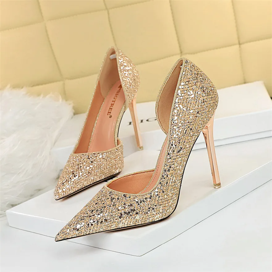 

Fashion Sexy Nightclub High Heels Stiletto Shallow Mouth Point Toe Side Hollow Super High Heel Sequined Shoes Women Party Pumps, As picture