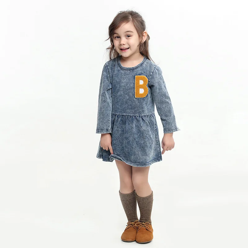 

100% Cotton Knitted Denim Dresses For Girls Soft Fashion Style Dresses, Blue