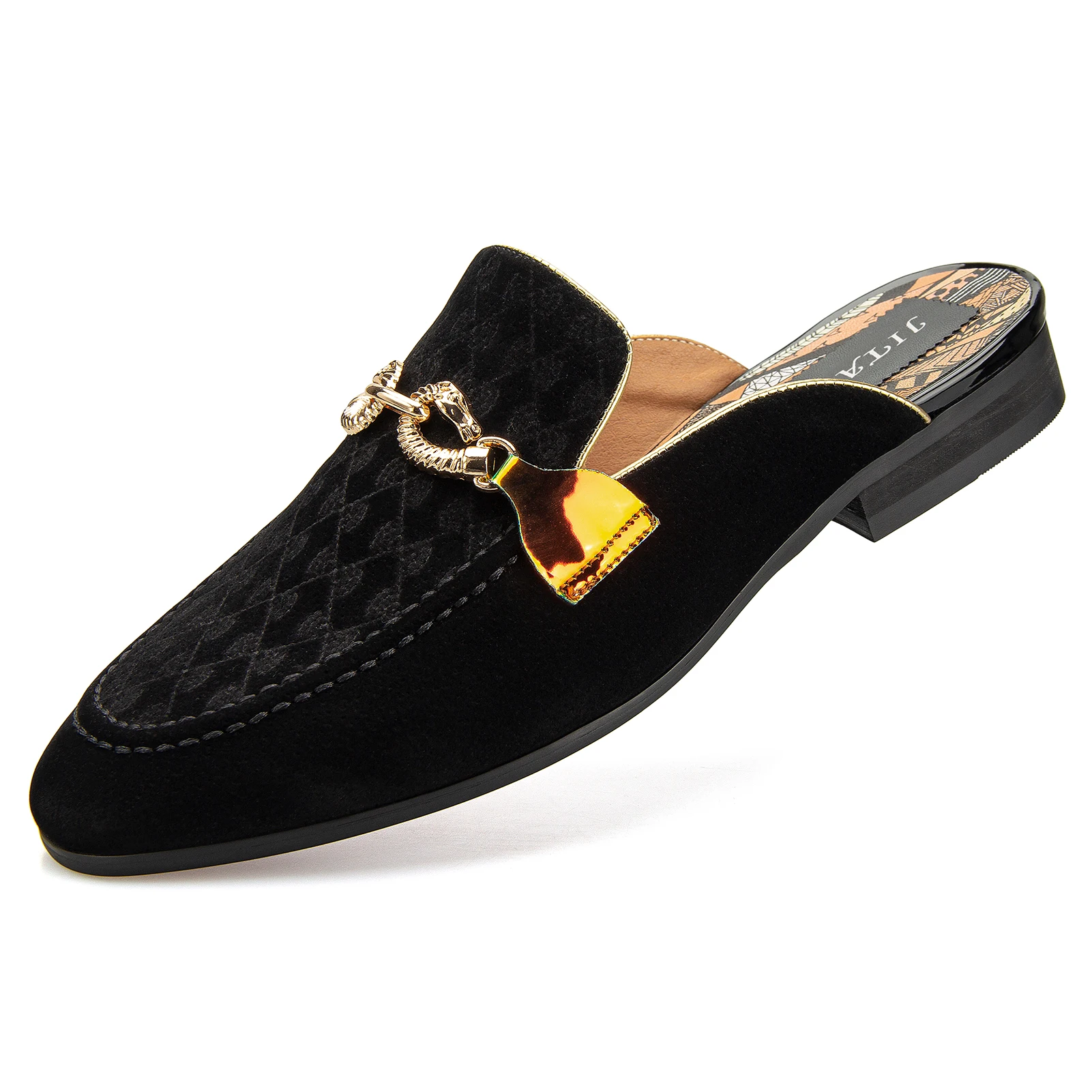 

Formal Men Gold Dress Shoes Buckle Genuine Leather Half Slipper Designer Business Italian Open loafers