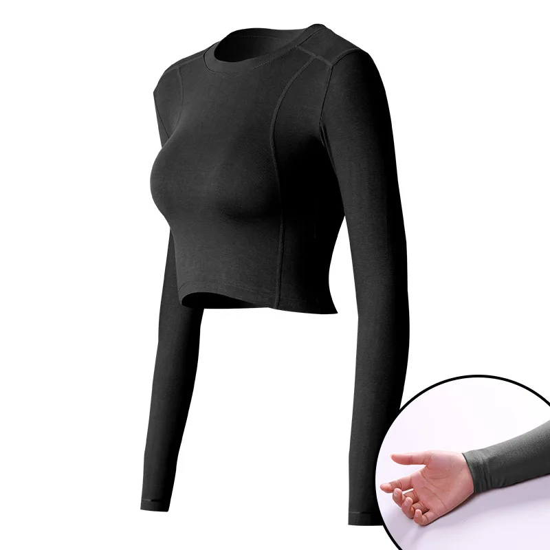 

High Fashion Women Slim Fit Yoga Shirt Ladies Long Sleeve Workout Fitness Crop Tops with Thumb Hole, Black,pink and green available