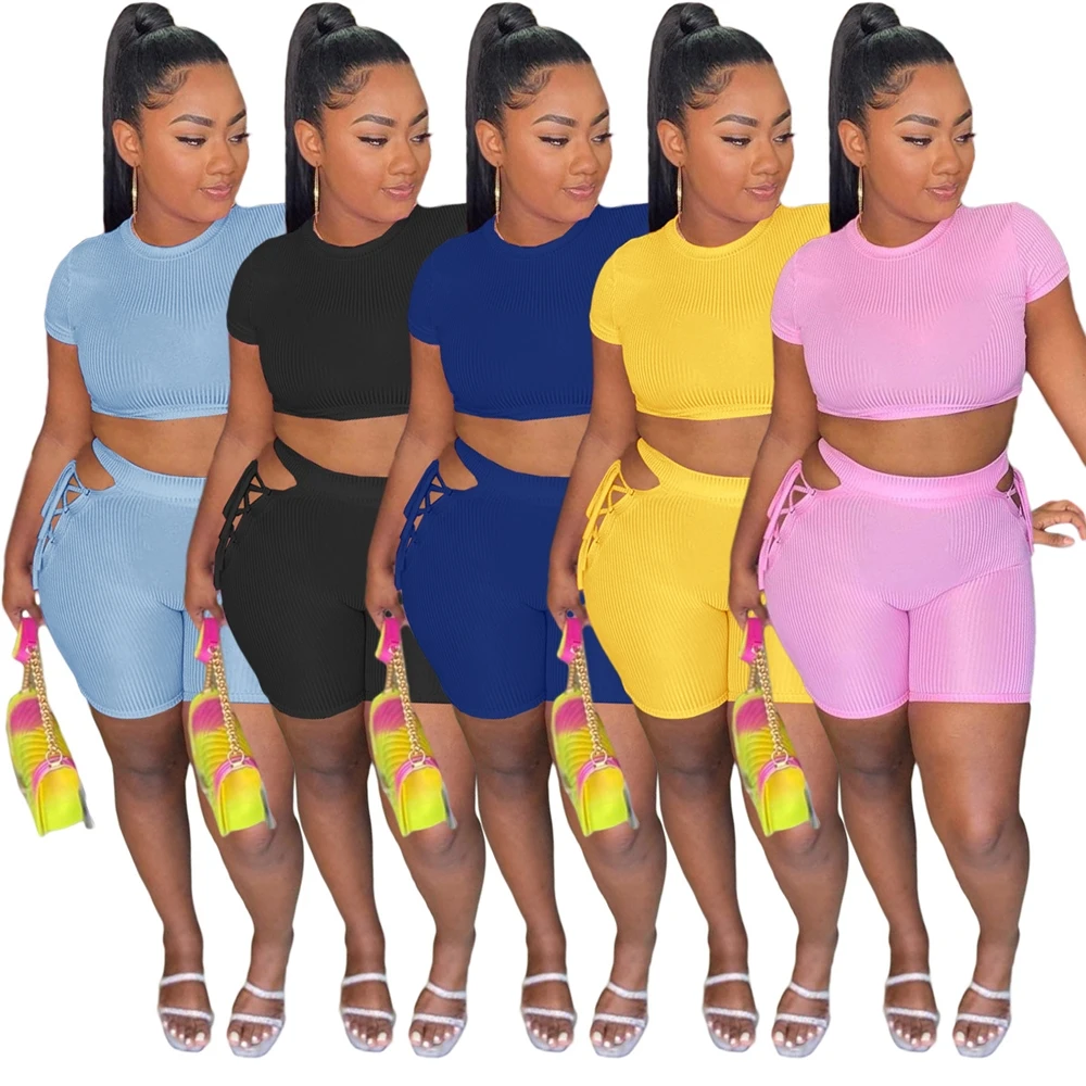 

MD-20220353 2022 Two Piece Biker Shorts Sweat Set Crop Top Womens Summer Biker Short 2 Piece Yoga Set Spring Women Clothing