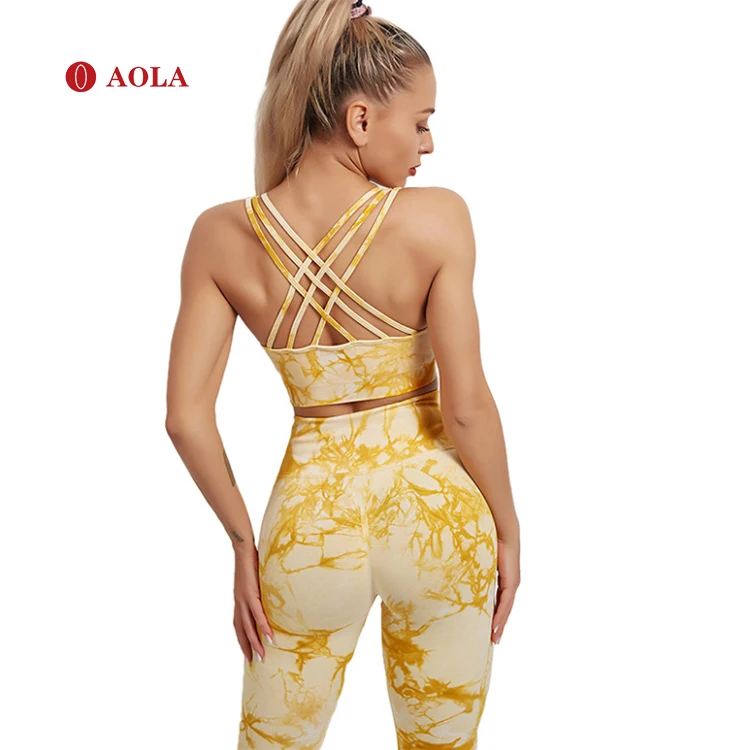 

AOLA Sportwear Women Gym Wear Tie Dye bra And leggings Suits Fitness Squat Proof Leggings yoga Sets, Pictures shows