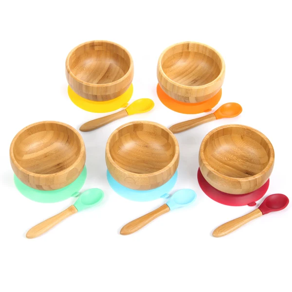 

Round plain bamboo Bamboo Spill Proof Stay Put Suction Bowl, Natural