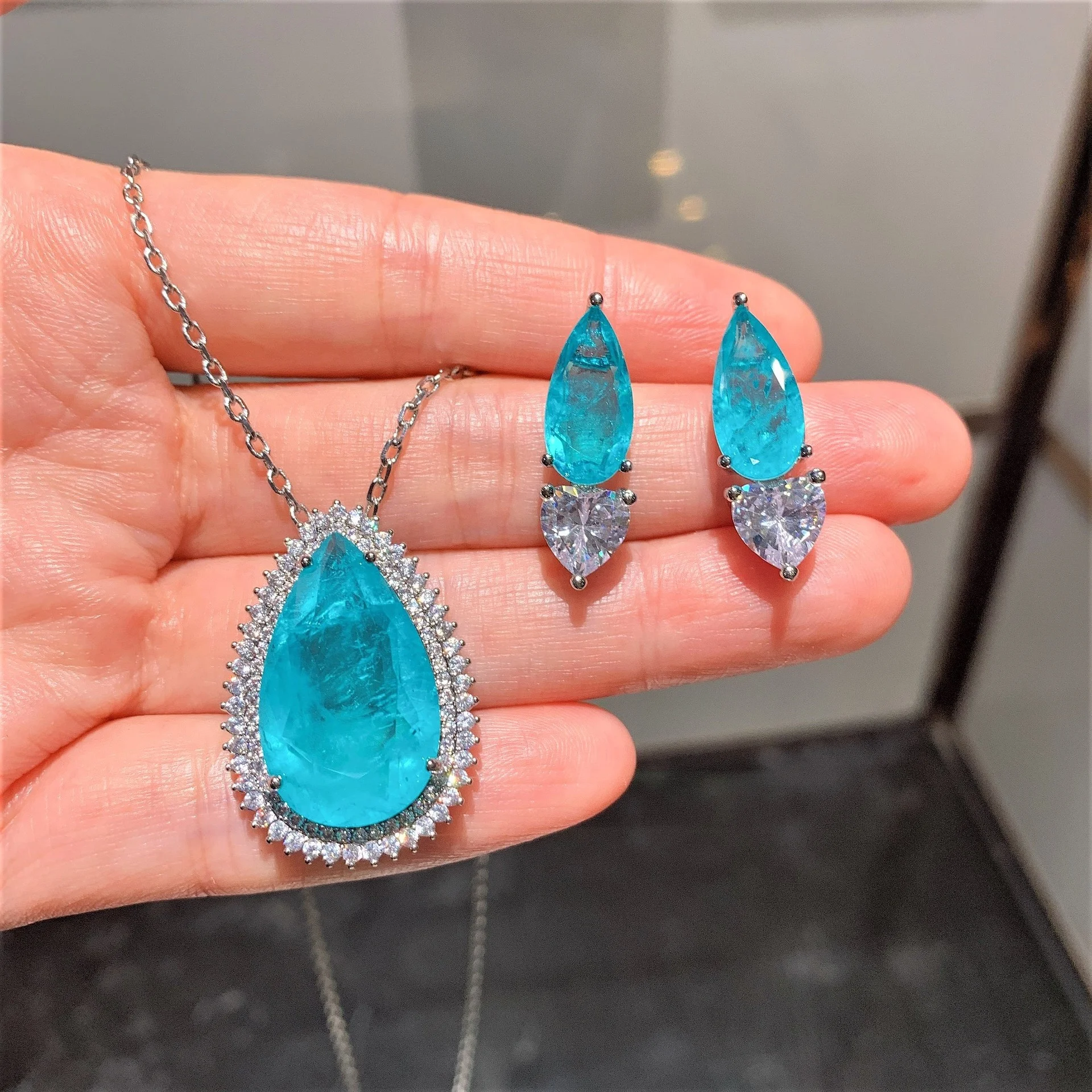 

Luxury Pear Paraiba Tourmaline Created Moissanite Engagement Earrings/Pendant/Necklace Jewelry Set, Customized color