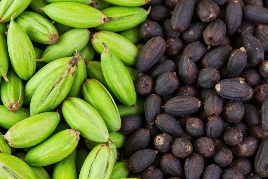 Close-up photography of green cardamom pods next to black cardamom pods showing color and size differences
