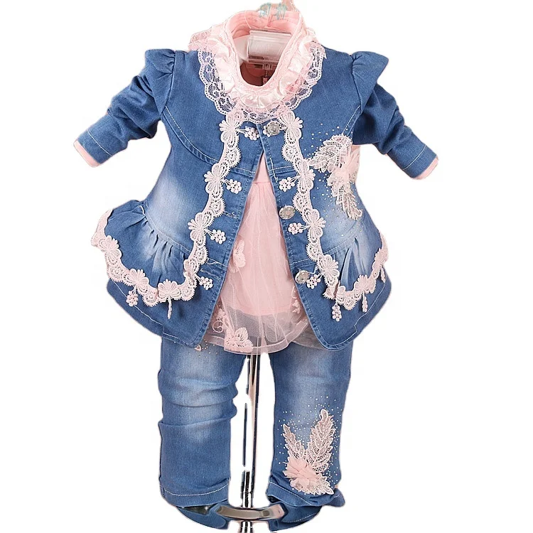 

Elegant floral lace 3 pieces jeans cotton 3 years newborn baby girls clothes set