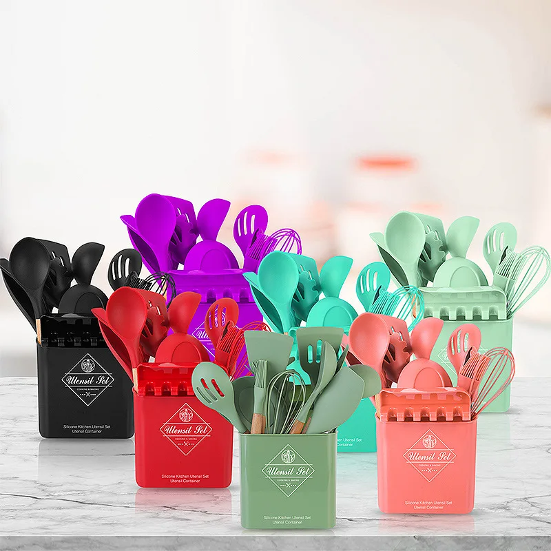 

E157 Storage Bucket Measuring Spoon Set Silicone Bakery Cooking Tools Kitchen Cooking Utensil Set Wood Handle Baking Set
