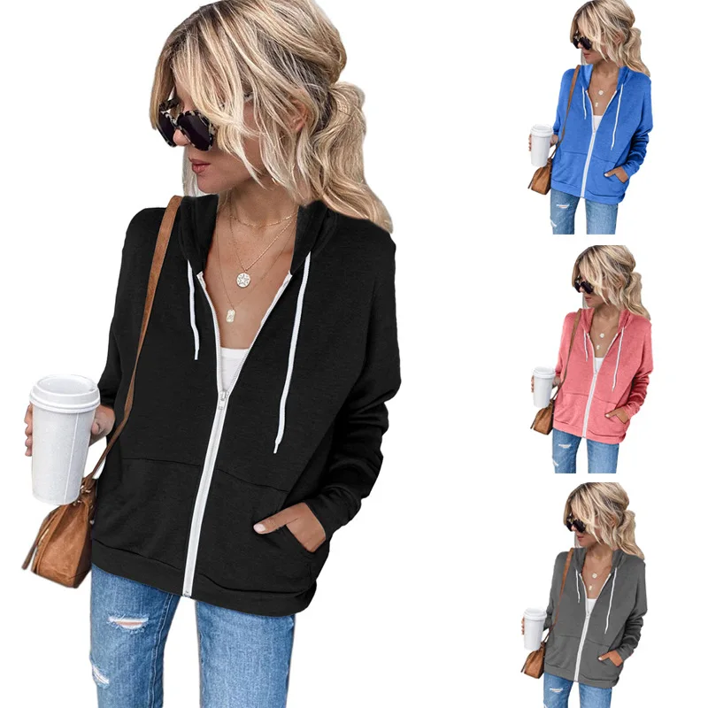 

WW-0229 Long Sleeve Hooded Fleece Female Draw String Bag Zipper Cardigan Coat Warm For Over Coat Woman, Same as picture