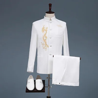 

2021 New Trending Skinny Homme Embroidered Stand-up Collar White Round Neck Stud Lapel Trouser Men's Blezar Tuxedo Suit For Men