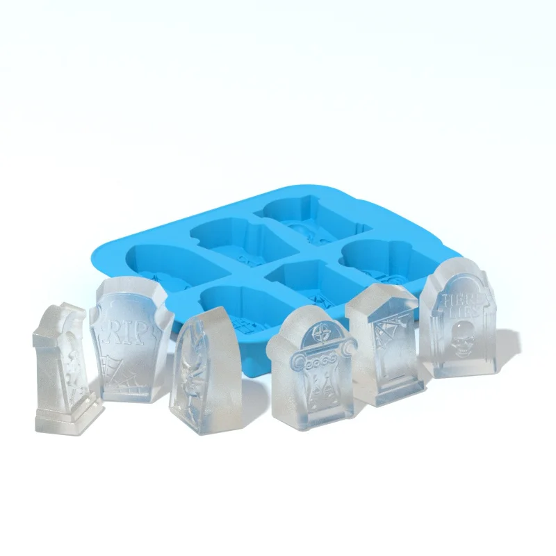 

6 cavities Halloween Tombstone Silicone Large Ice cube mold with lid for chocolate food grade, Blue, black or customized