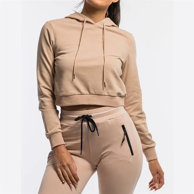 2020 Wholesale Crop Top Hoodie Sweat Suits For Ladies Cotton Cropped