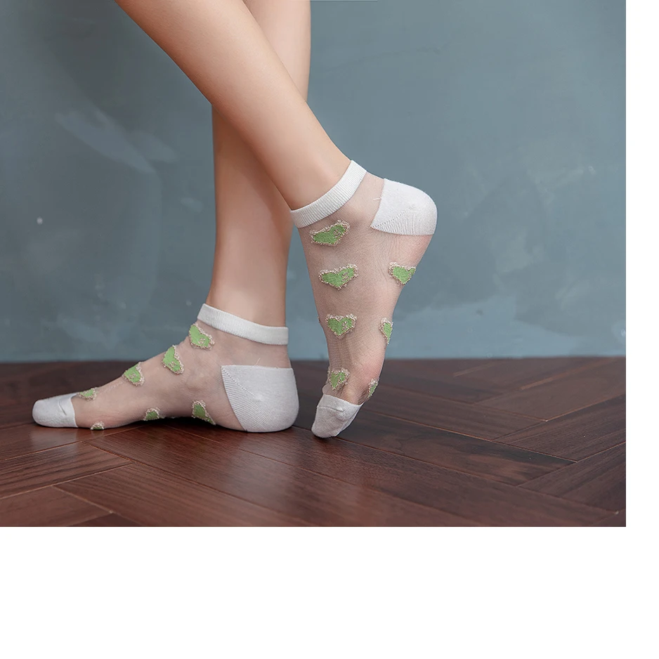 透明真丝薄袜子心中性感女士妇女水钻水晶看穿船袜 - buy heart socks