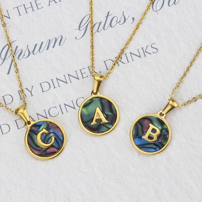 

Creative Multi Color A-Z Initial Letter Round Pendant Necklace For Gift Abalone Shell Stainless Steel Letter Initial Necklace