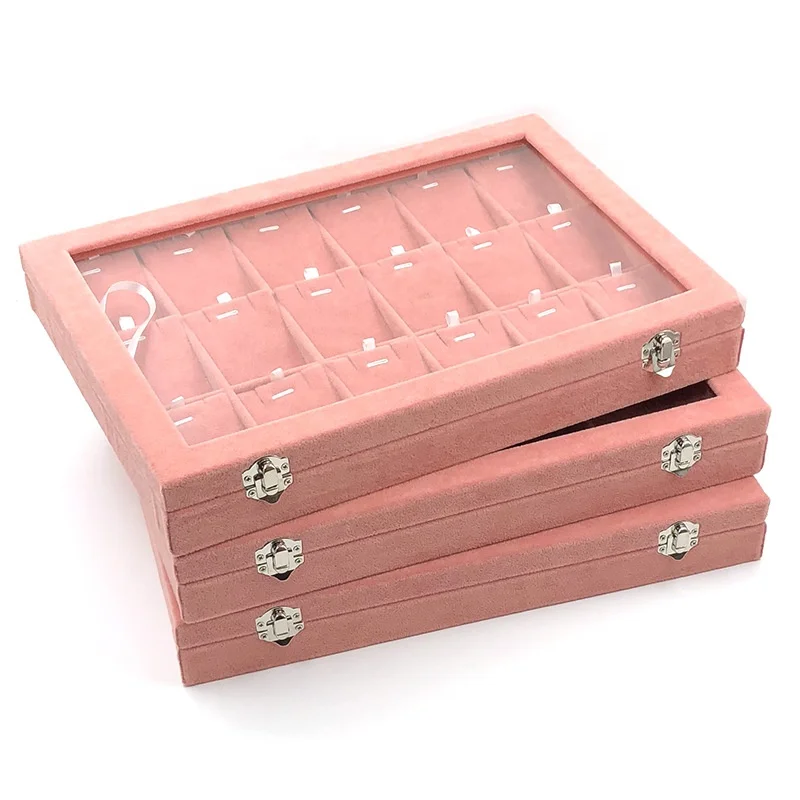 

pink storage showcase bracelet necklace earring ring packaging body jewelry display tray velvet with lid
