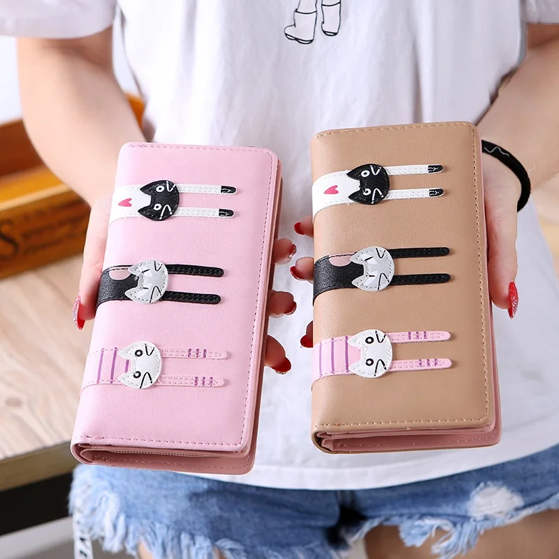 

Anime Wallets Girls Long Cat Wallet Buckle Zipper PU Clutch Long Purse Zip Organizer Handbag Cute Cartoon Cat Leather Wall