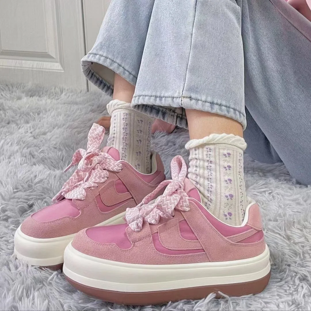 

Ladies Fashion Solid Color Lace-Up Casual Shoes Outdoor Thick Sole Pink Sneakers