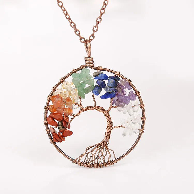 

Tree of Life Crystal Pendant Necklace 7 Color Tumble Stone Exquisite Tree of Wisdom Ancient Copper Necklace For Men and Women, Colorful