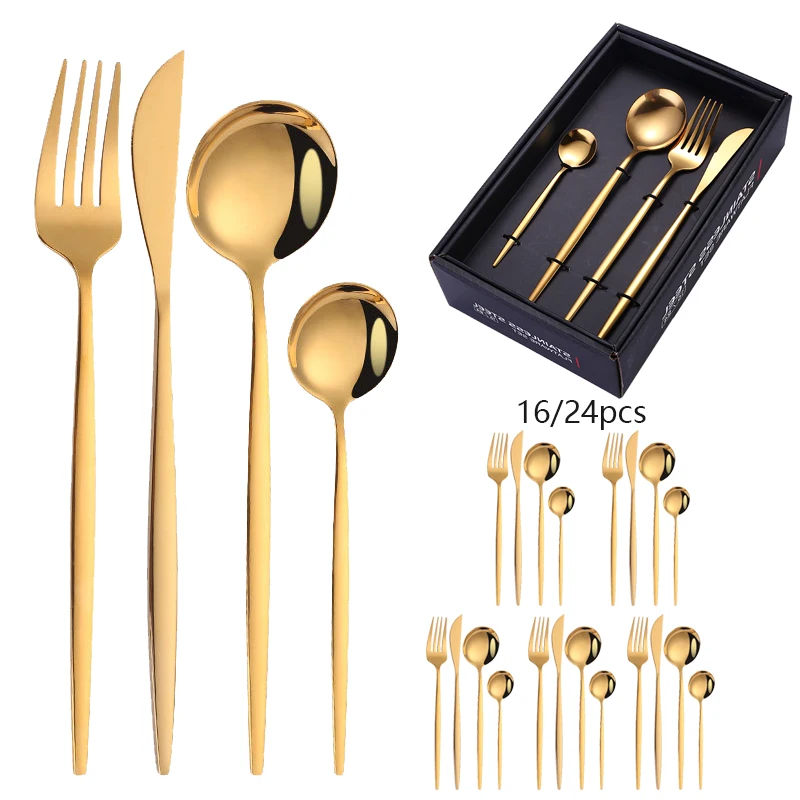 

16 Piece Cutlery Set Flatware Spoon and Forks Knives, Rainbow Stainless Steel Gold Cutlery 24pcs Set, Silver,gold,rosegold,rainbow,black