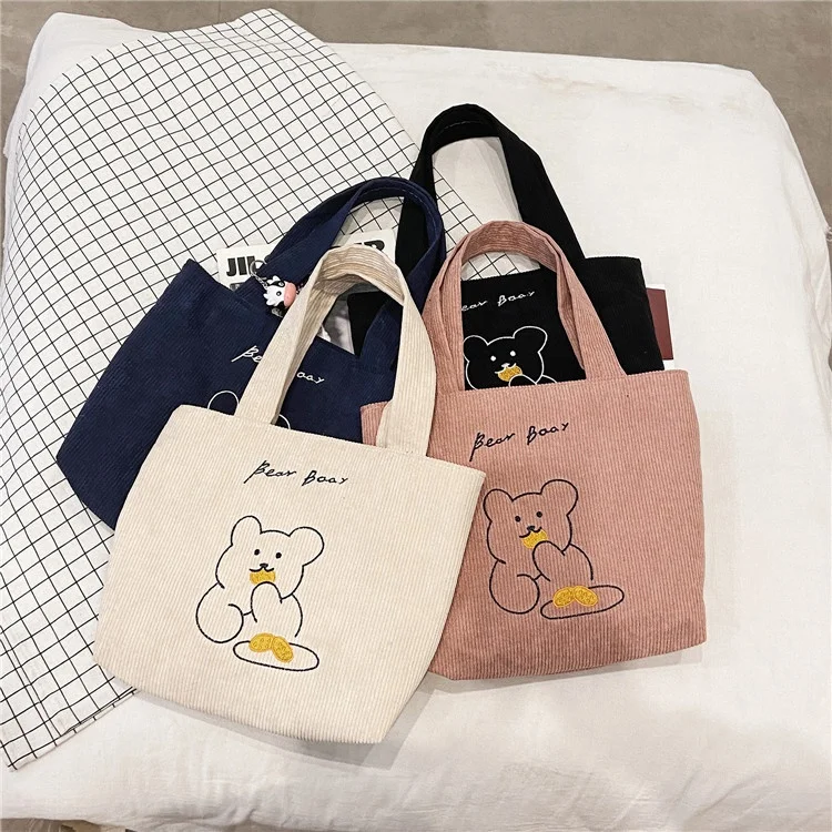 

Korean Version Cartoon Shoulder Bag Japanese Large Capacity Student Corduroy Cute Custom Zipper Holorograpgic Tote Bag For Women, Black, white, blue, pink