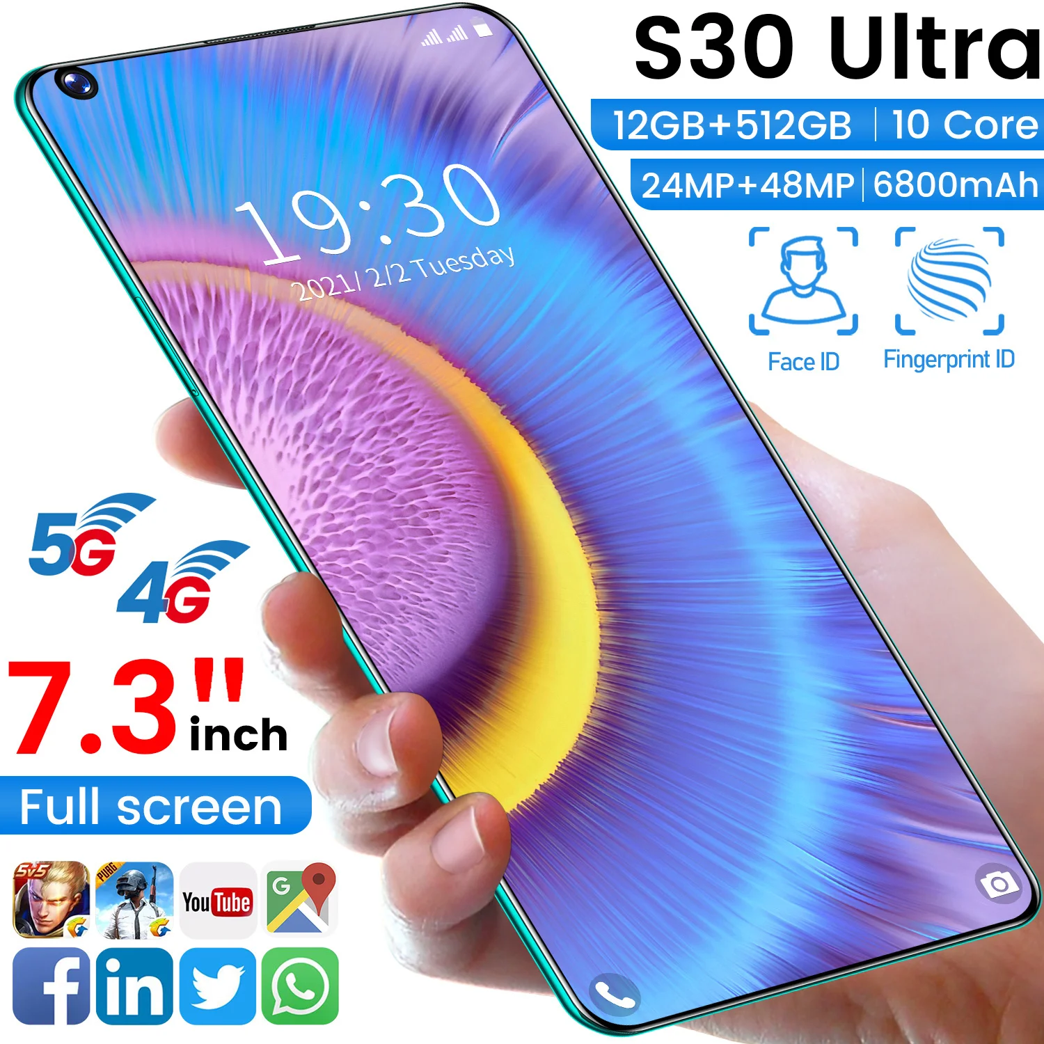 

S30U 12+512GB 7.3inch mobile phone 3G 4G Full Screen Cellphones Unlocked 24+48MP 6800mAh New Mobile Phone, Green/gold/silver