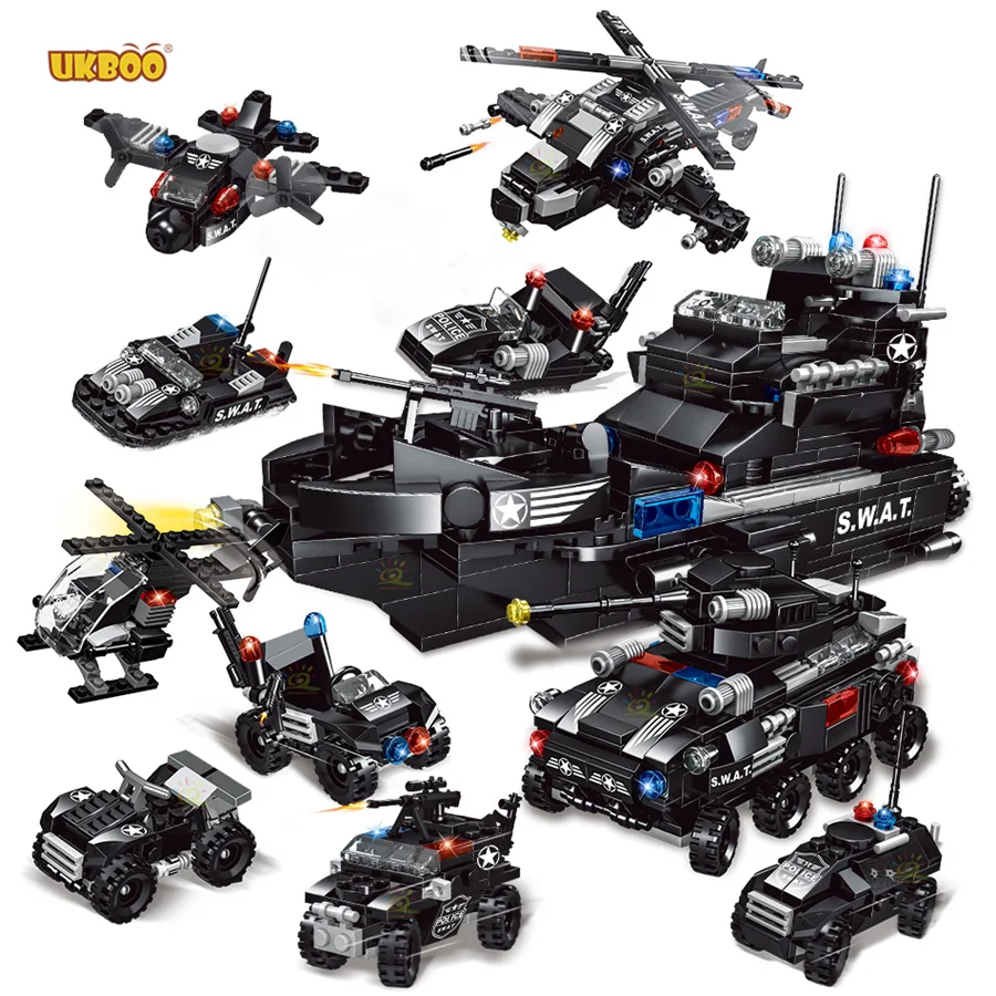 

Free Shipping UKBOO 597PCS Explosion-proof Special Battle Brick Building Block police Team Legoingly Van Car Swat Truck Toy Sets