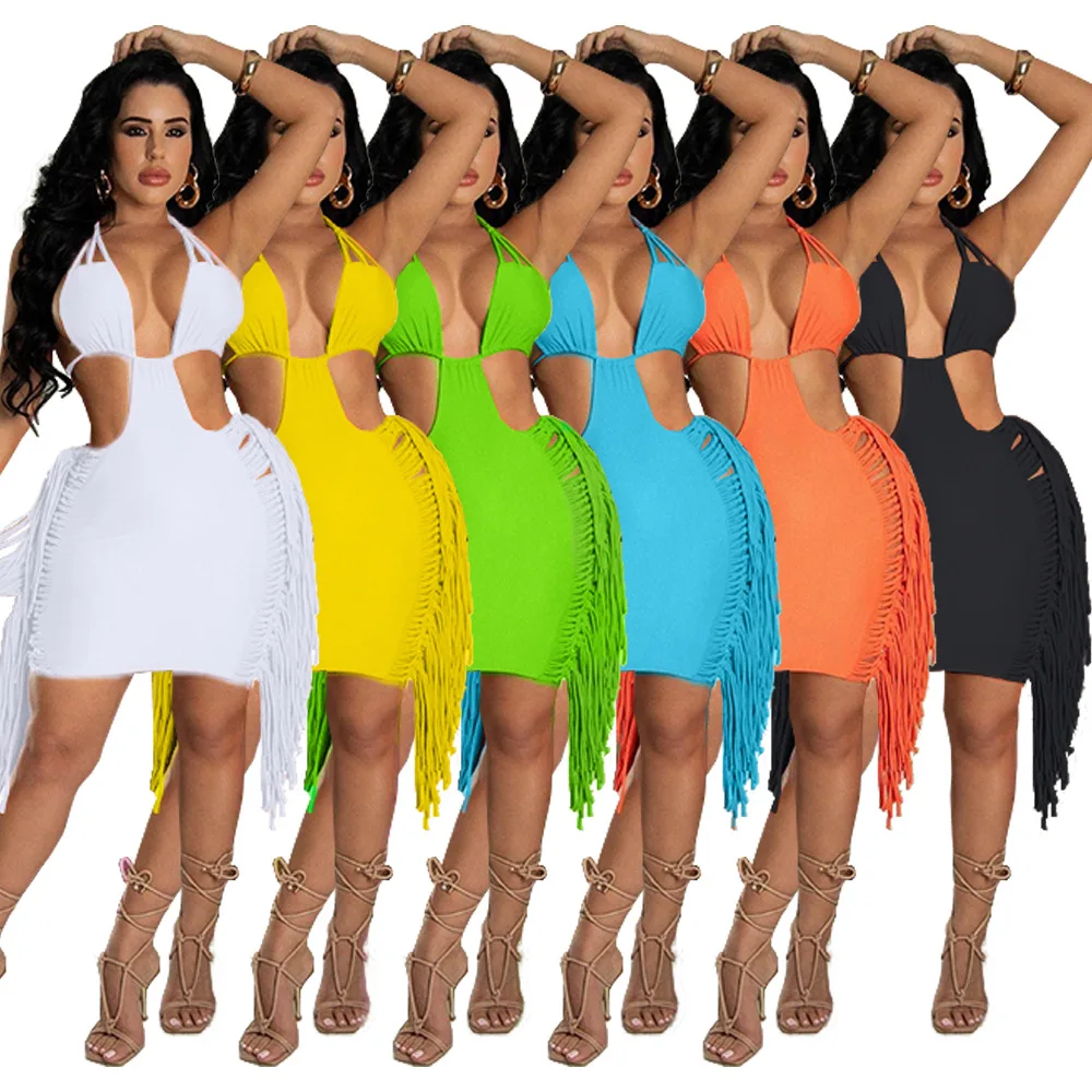 

Summer Dress 2022 Spaghetti Strap Mini Dress Tassel Hollow Out Bodycon Ladies Dress Streetwear Party Club Sexy Women Clothes, Black