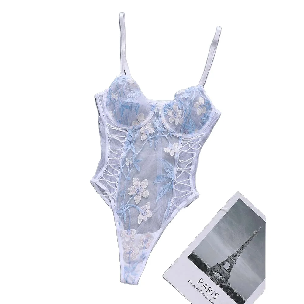 

2021 Wholesale Women's Bodysuits Transparent Transparent Mesh Lace Cup Tie Intimate Apparel Sexy Lingerie, White