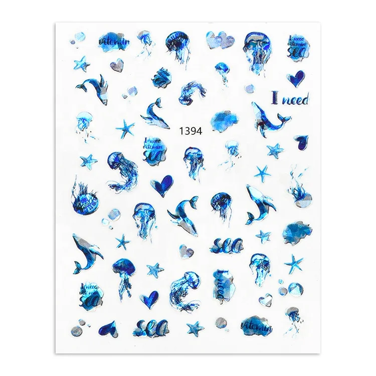 

JOYFUL 2021 new laser ocean world nail sticker jellyfish dolphin nail Decal popular children's Nail Sticker 1391-1396, Colorful