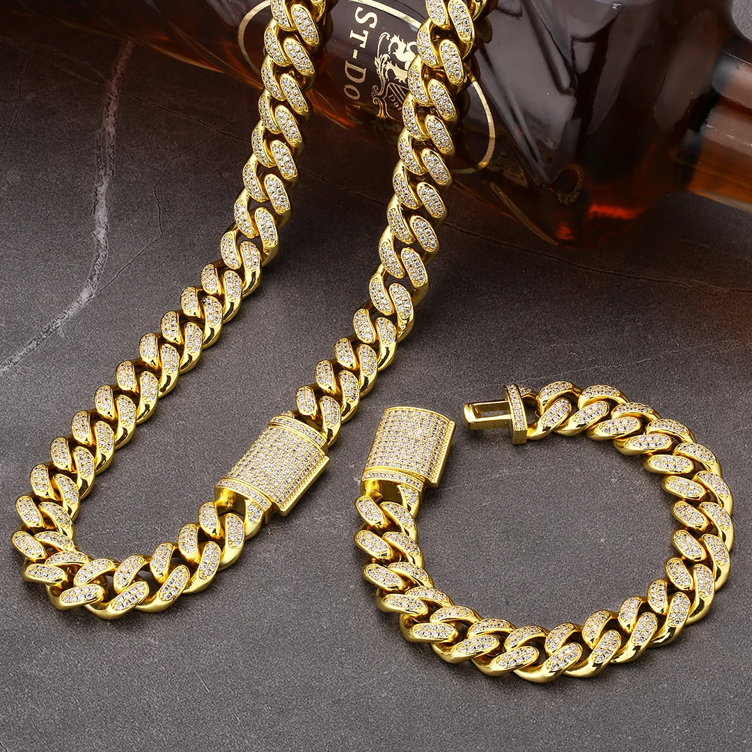 

KRKC High Quality Men CZ Crystal 12mm Real Brass Thick Pave Cuban Link Chain Hip Hop Jewelri 14k Solid Gold pvd Cuban Link Chain