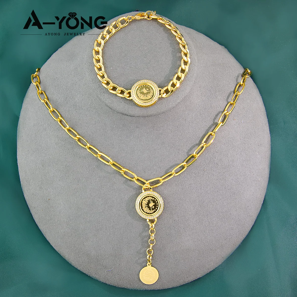 

In Stock High Quality Arab Coin Gold Jewelry Cuban Link Charm Bracelet Dubai Gold Plated Jewelry Set