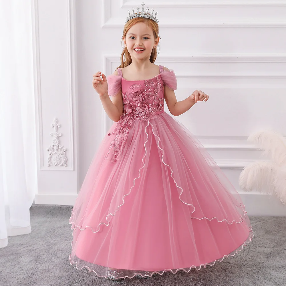 

pink children party dress for wedding Summer gown for girls Wear Flower Girl Western Formal Birthday Long Dress for 10 years