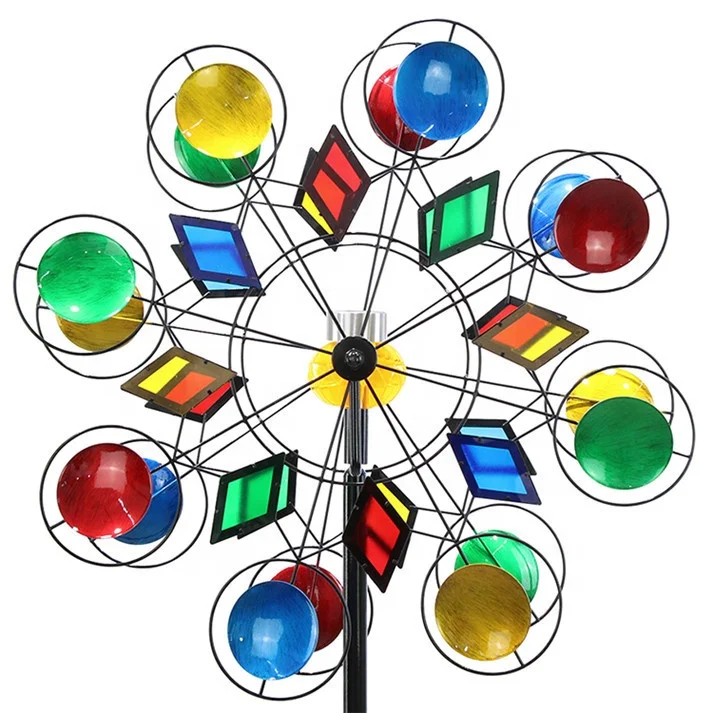 

Hourpark wholesale metal windmills colorful kinetic steel wheels with solar lights garden decor wind spinners