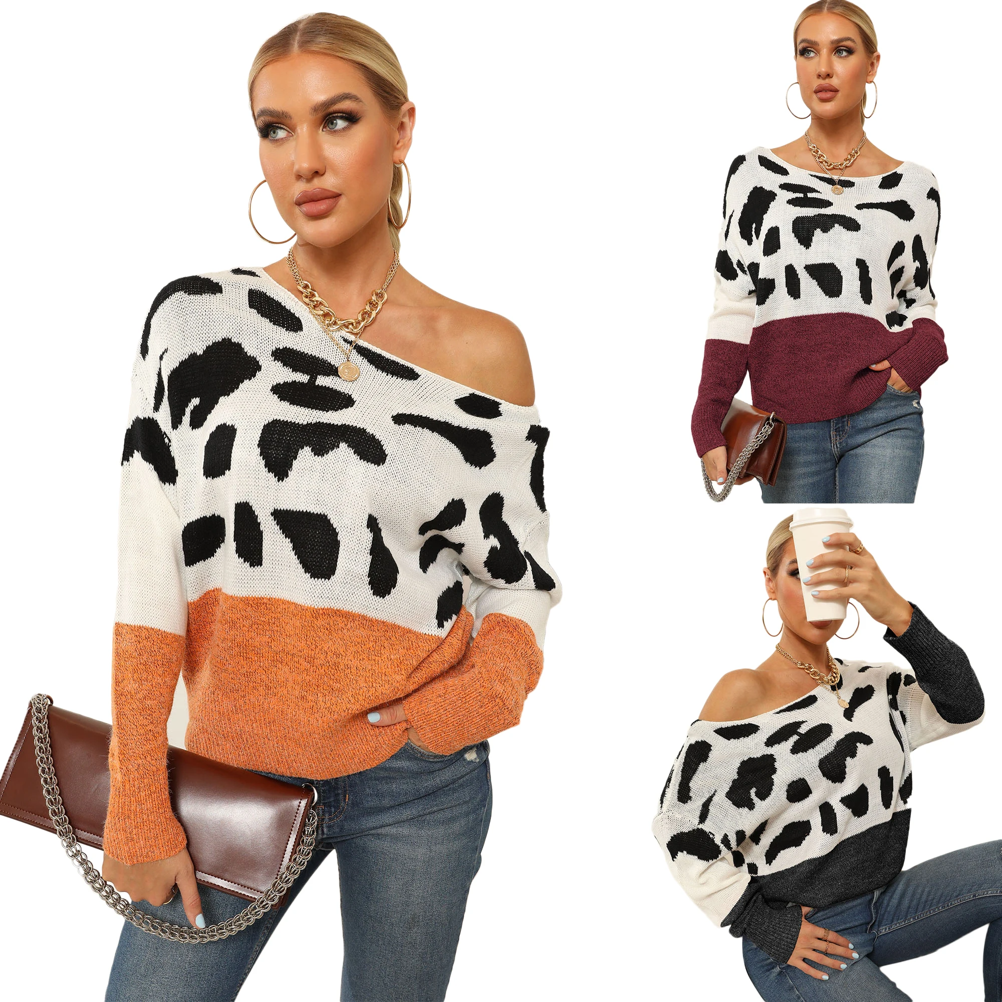 

Women's Casual Long Sleeve Off Shoulder Knitted Sweater Leopard Print Color Block Loose Pullover Tops, Black, orange, wine red