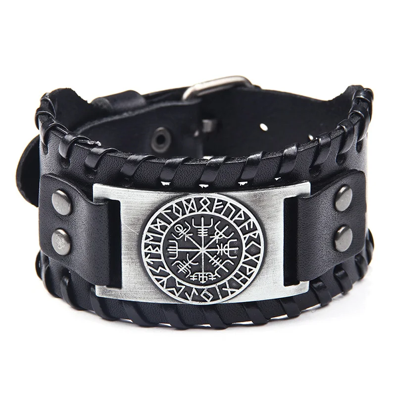 

Nordic Mythology Jewelry Vegvisir Compass Runes Viking Bracelet Leather, Brown or black