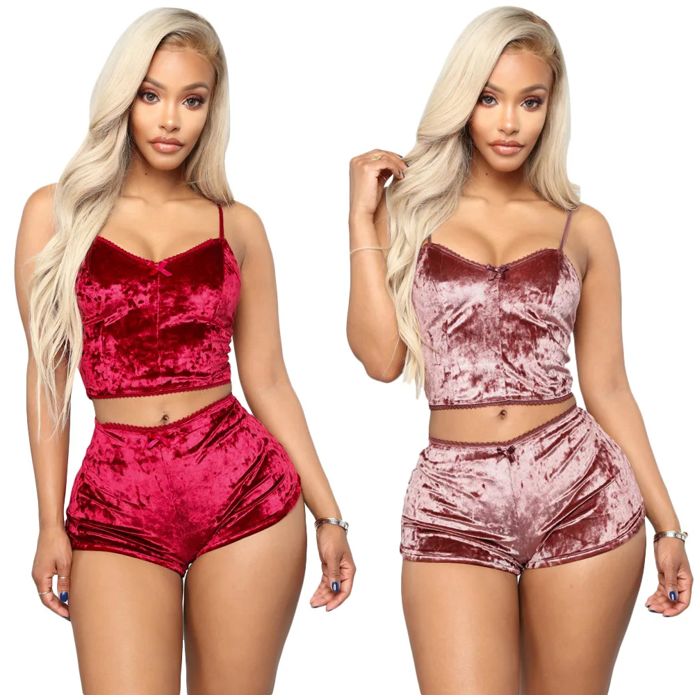 

amazon best selling Sexy Navel hollow slim velvet lace shorts pajamas for women set, Picture shows