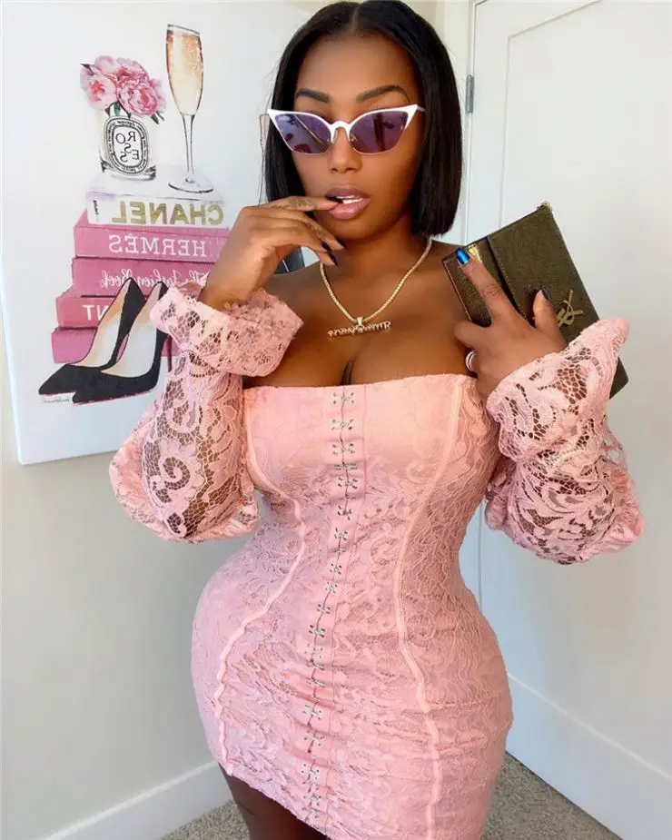 

W8496 Woman clothes 2020 trending long sleeve pink evening bodycon dresses ladies off shoulder lace casual dresses