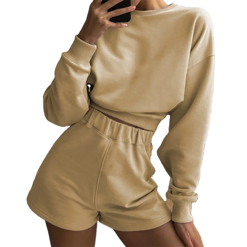 

Long Sleeve Loose Solid Color Two Piece Set Sports Casual Shorts Set 2 Piece Lounge Set Women